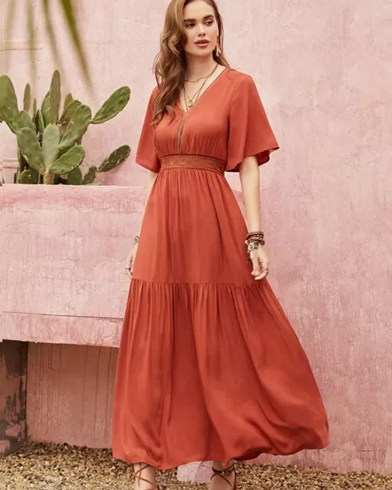 Vacation Half Sleeves Wrap Solid Color V-Neck Maxi Dress