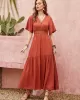 Vacation Half Sleeves Wrap Solid Color V-Neck Maxi Dress