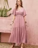 Vacation Half Sleeves Wrap Solid Color V-Neck Maxi Dress