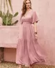 Vacation Half Sleeves Wrap Solid Color V-Neck Maxi Dress