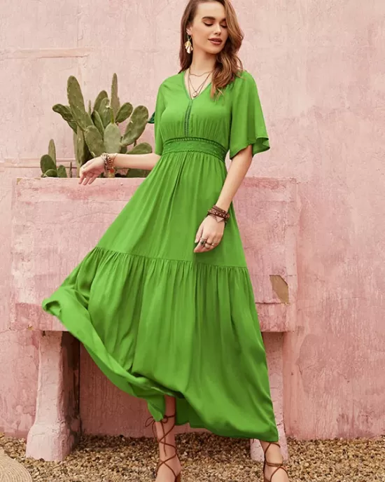 Vacation Half Sleeves Wrap Solid Color V-Neck Maxi Dress