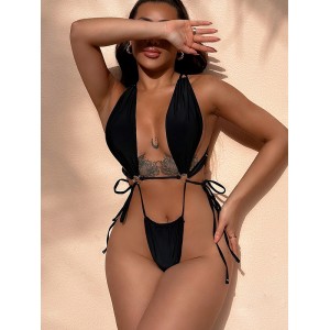 Back Cross Bandage Belly-Hollow Solid Color Wrap One-Piece Swimwear