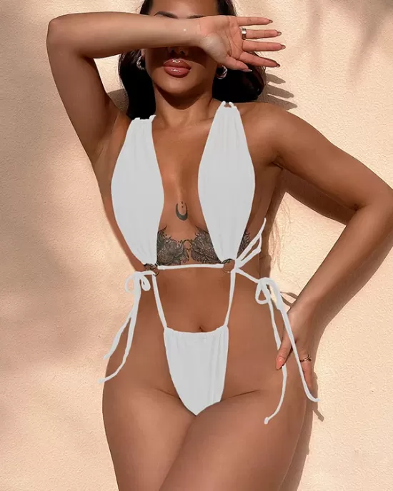 Back Cross Bandage Belly-Hollow Solid Color Wrap One-Piece Swimwear