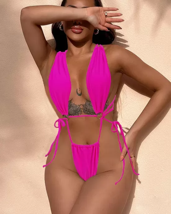 Back Cross Bandage Belly-Hollow Solid Color Wrap One-Piece Swimwear