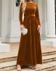 Belted Pleated Solid Color Zipper Long Sleeves Wrap Round-Neck Maxi Dresses