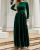 Belted Pleated Solid Color Zipper Long Sleeves Wrap Round-Neck Maxi Dresses