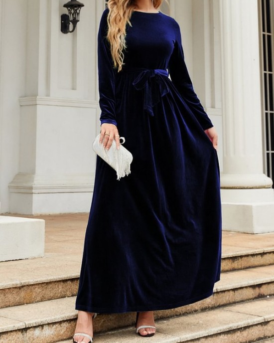 Belted Pleated Solid Color Zipper Long Sleeves Wrap Round-Neck Maxi Dresses