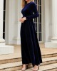 Belted Pleated Solid Color Zipper Long Sleeves Wrap Round-Neck Maxi Dresses