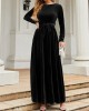 Belted Pleated Solid Color Zipper Long Sleeves Wrap Round-Neck Maxi Dresses