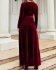 Belted Pleated Solid Color Zipper Long Sleeves Wrap Round-Neck Maxi Dresses