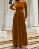 Belted Pleated Solid Color Zipper Long Sleeves Wrap Round-Neck Maxi Dresses