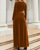 Belted Pleated Solid Color Zipper Long Sleeves Wrap Round-Neck Maxi Dresses