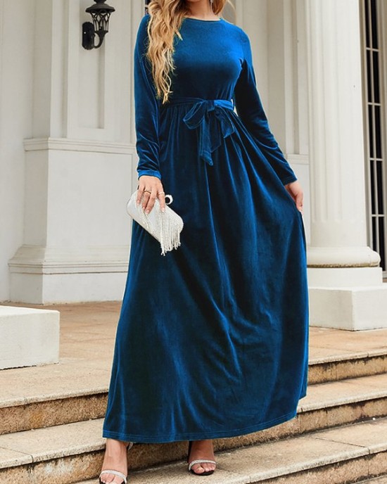 Belted Pleated Solid Color Zipper Long Sleeves Wrap Round-Neck Maxi Dresses