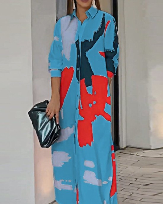 Buttoned Contrast Color Pockets Printed Split-Side Loose Wrap Shirt Dress