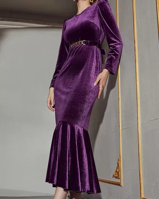 Belted Solid Color Zipper Mermaid Wrap Round-Neck Midi Dresses