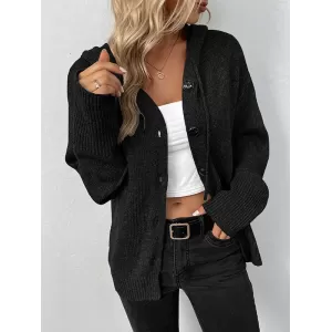 Buttoned Hooded Solid Color Wrap Cardigan