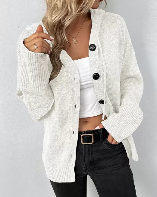 Buttoned Hooded Solid Color Wrap Cardigan