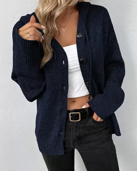 Buttoned Hooded Solid Color Wrap Cardigan