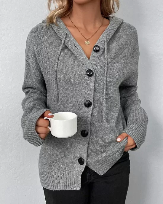 Buttoned Hooded Solid Color Wrap Cardigan