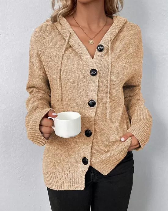 Buttoned Hooded Solid Color Wrap Cardigan