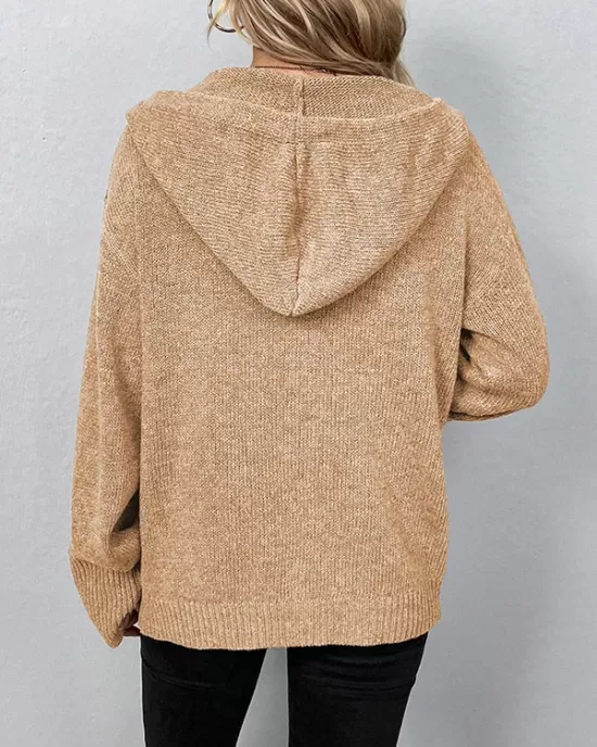 Buttoned Hooded Solid Color Wrap Cardigan