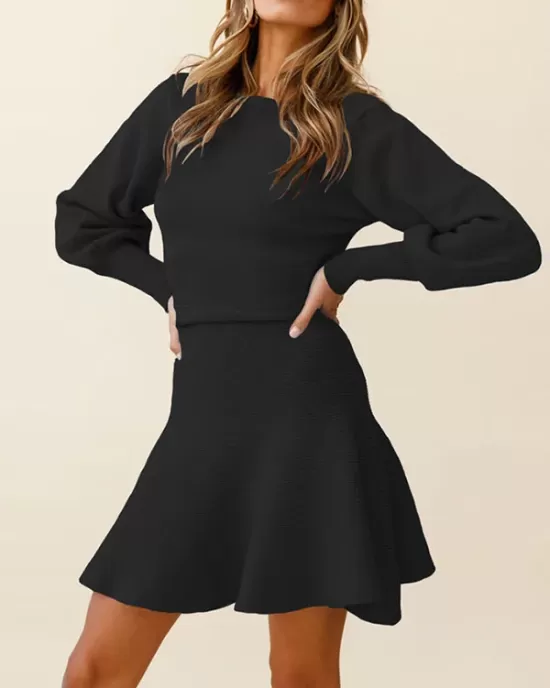 Solid Color Puff Sleeves Wrap Round-Neck Sweater Dress