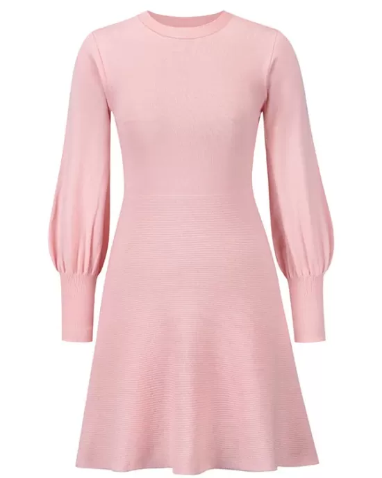 Solid Color Puff Sleeves Wrap Round-Neck Sweater Dress