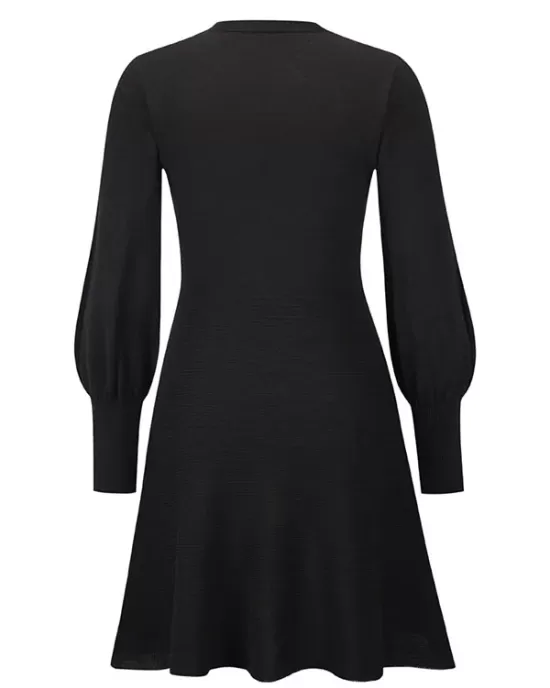 Solid Color Puff Sleeves Wrap Round-Neck Sweater Dress