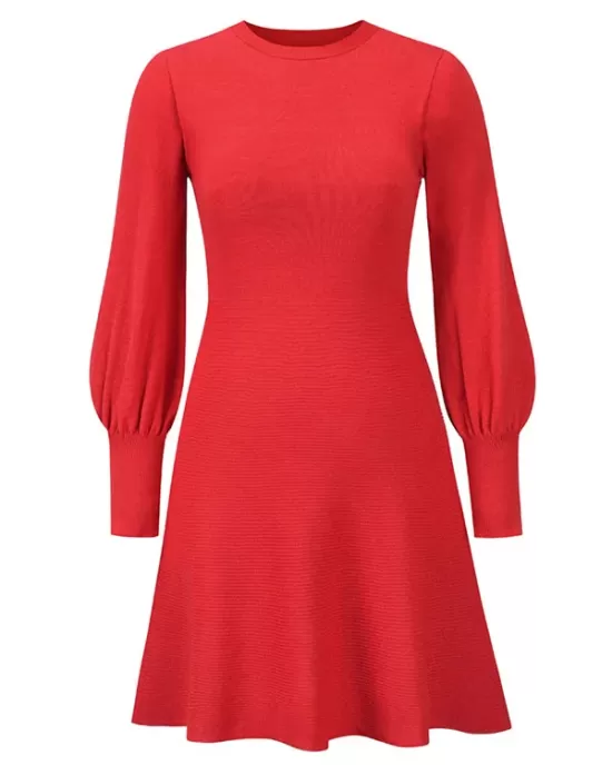 Solid Color Puff Sleeves Wrap Round-Neck Sweater Dress