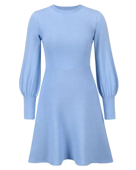 Solid Color Puff Sleeves Wrap Round-Neck Sweater Dress