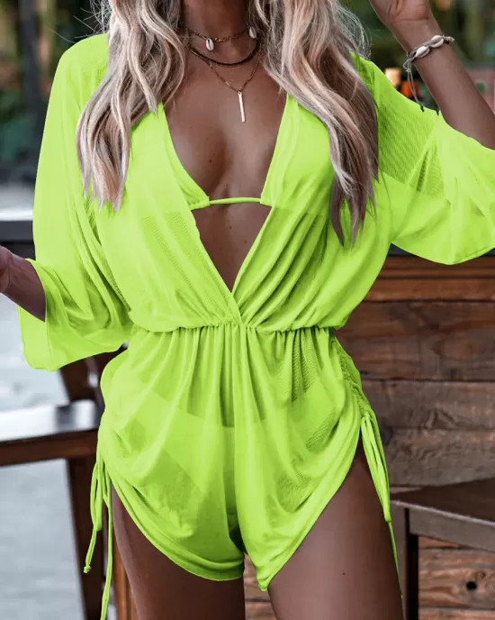 Three Pieces Set Loose Solid Color Padded Halter-Neck Bikini Swimsuit &Cover-Ups Rompers Swimwear