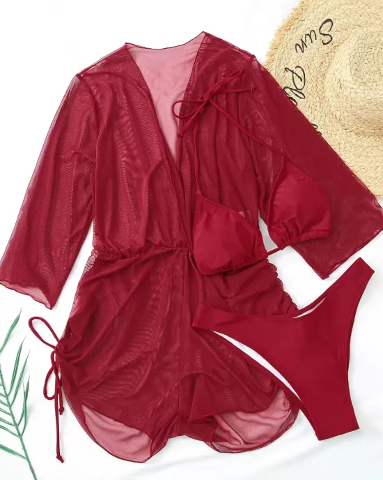 Three Pieces Set Loose Solid Color Padded Halter-Neck Bikini Swimsuit &Cover-Ups Rompers Swimwear