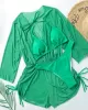 Three Pieces Set Loose Solid Color Padded Halter-Neck Bikini Swimsuit &Cover-Ups Rompers Swimwear