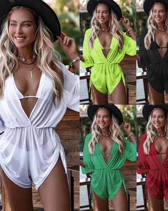 Three Pieces Set Loose Solid Color Padded Halter-Neck Bikini Swimsuit &Cover-Ups Rompers Swimwear