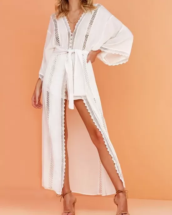 Solid Color Lace Split-Joint Long Sleeve Tunicshang Cover-Ups