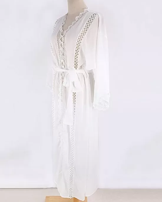 Solid Color Lace Split-Joint Long Sleeve Tunicshang Cover-Ups