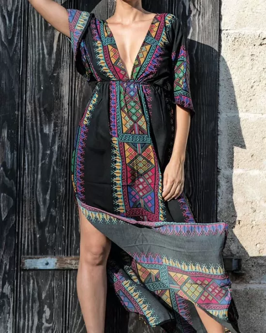 Ethnic Printed Flared Sleeves Cover-Ups Tops