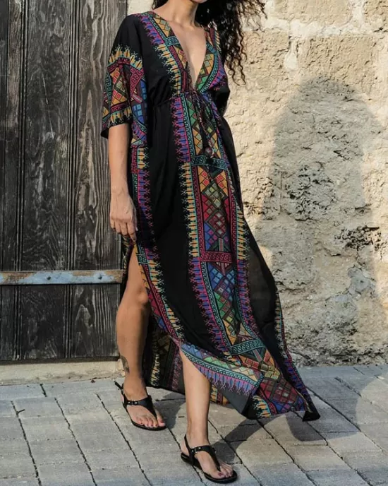 Ethnic Printed Flared Sleeves Cover-Ups Tops