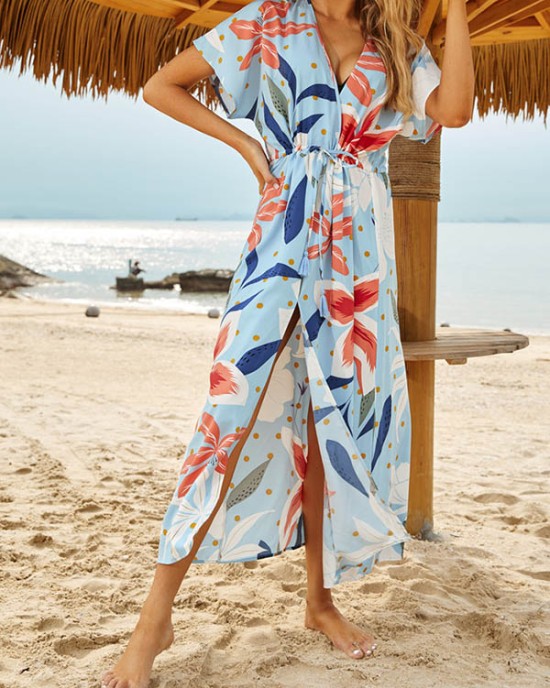 Short Sleeve V-Neck Midi Dress Cover-Up Swimwear