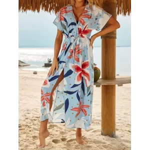 Short Sleeve V-Neck Midi Dress Cover-Up Swimwear