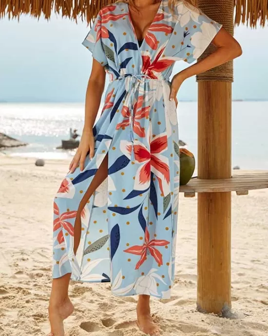 Short Sleeve V-Neck Midi Dress Cover-Up Swimwear