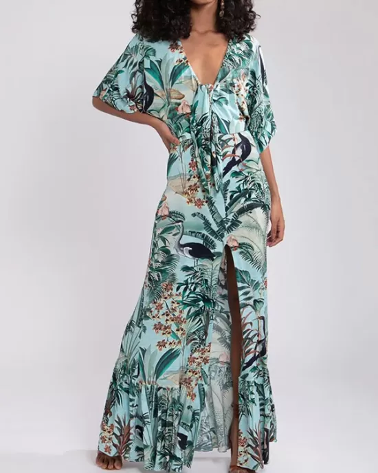 Floral-Print Half Sleeve Knotted Maxi Dress