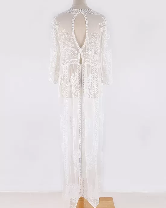 Short Sleeve Split-Side Backless Lace Cover-Up Swimwear