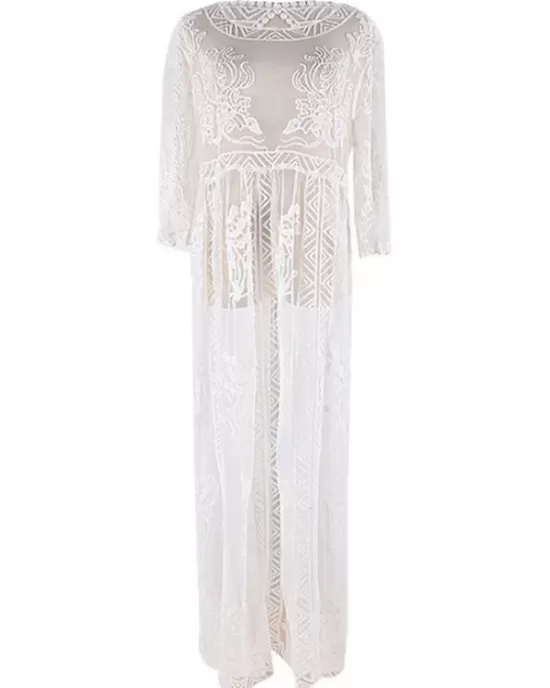 Short Sleeve Split-Side Backless Lace Cover-Up Swimwear