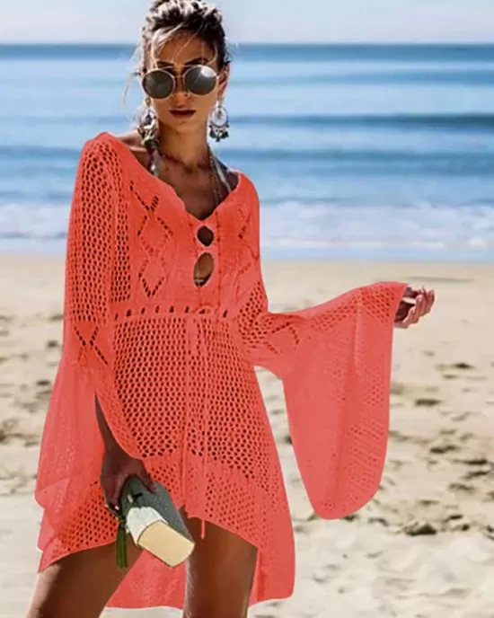 Flared Sleeves Crochet Swimwear Cover-Ups