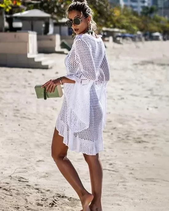 Flared Sleeves Crochet Swimwear Cover-Ups