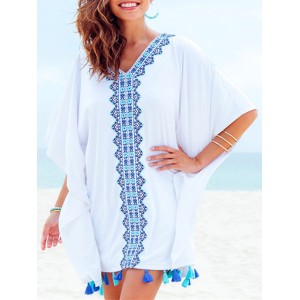 Printed Batwing Sleeves Tasseled Cover-up