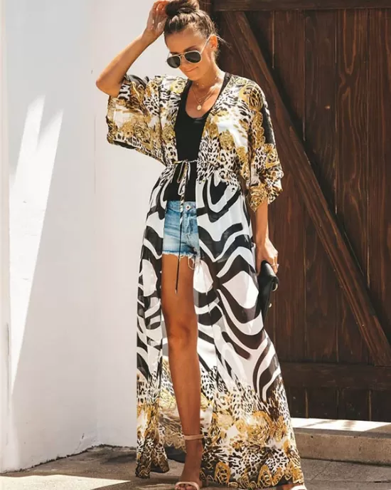 Chiffon Leopard&Zebra Short Sleeve Loose Cardigan Cover-Up Swimwear