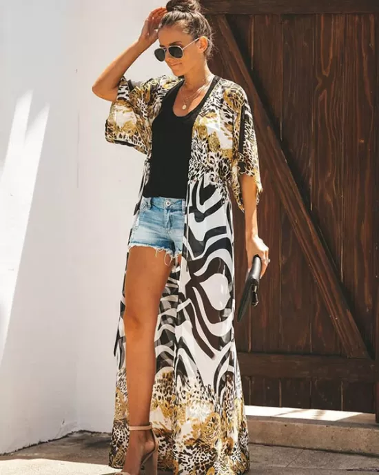 Chiffon Leopard&Zebra Short Sleeve Loose Cardigan Cover-Up Swimwear