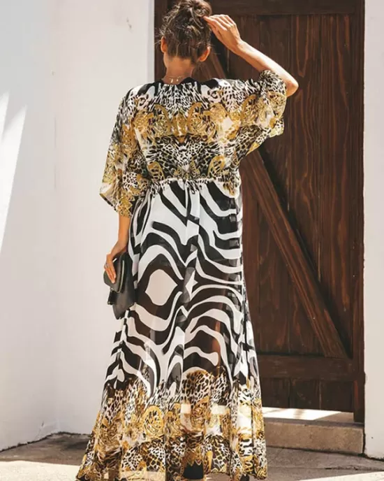 Chiffon Leopard&Zebra Short Sleeve Loose Cardigan Cover-Up Swimwear